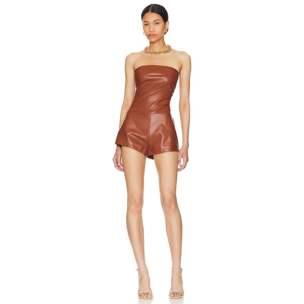 Superdown Briar Faux Leather Romper‎ Brown Strapless Vegan Sz M